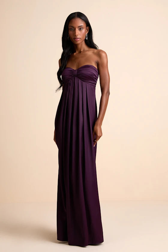 Glamorous Satin Evening Dresses with Strapless Neckline, Ruched Bodice and Flowing Skirt Formal Gown