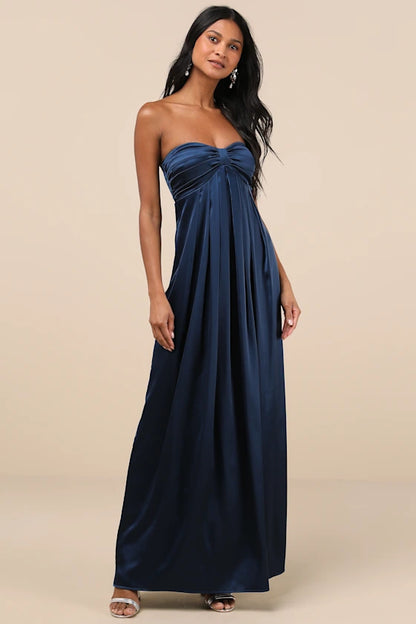 Glamorous Satin Evening Dresses with Strapless Neckline, Ruched Bodice and Flowing Skirt Formal Gown