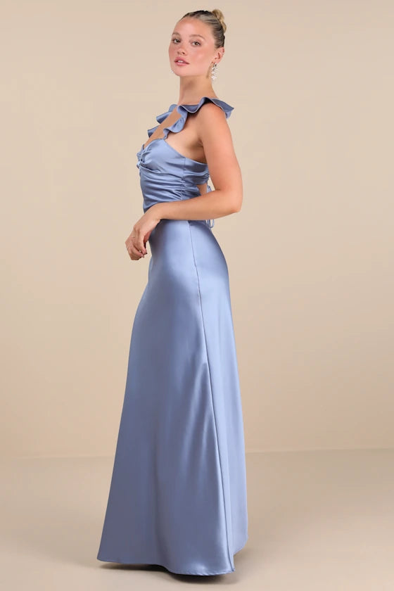 Glamorous Satin Evening Dresses with Sweetheart Neckline, Ruffle Straps and Lace-Up Back Formal Gown