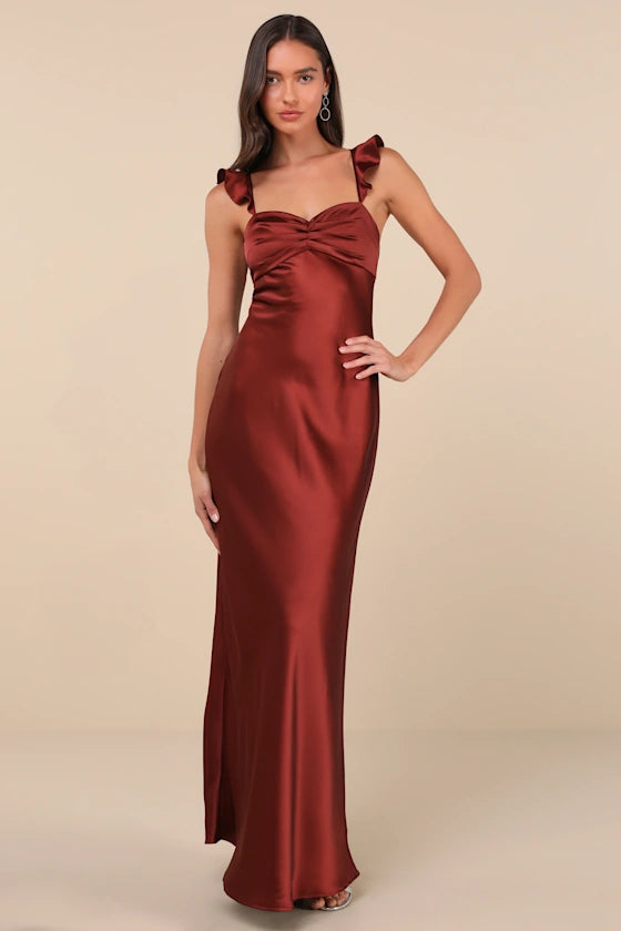 Glamorous Satin Evening Dresses with Sweetheart Neckline, Ruffle Straps and Lace-Up Back Formal Gown