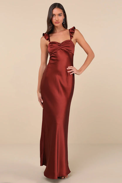 Glamorous Satin Evening Dresses with Sweetheart Neckline, Ruffle Straps and Lace-Up Back Formal Gown