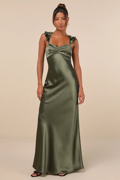 Glamorous Satin Evening Dresses with Sweetheart Neckline, Ruffle Straps and Lace-Up Back Formal Gown