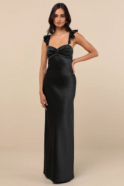 Glamorous Satin Evening Dresses with Sweetheart Neckline, Ruffle Straps and Lace-Up Back Formal Gown
