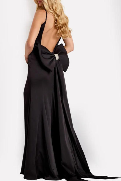 Glamorous Satin Form-Fitting Deep V-Neck Spaghetti Strap Bow Back Floor-Length Evening Dress with High Slit for Formal Events