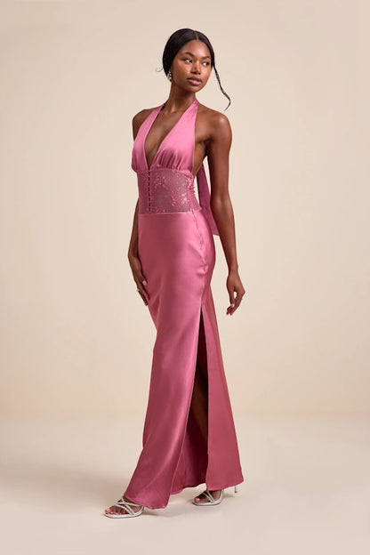 Glamorous Satin Halter Evening Dresses with Lace Corset Waist, Tie Back and High Slit Formal Gown