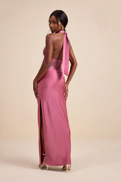 Glamorous Satin Halter Evening Dresses with Lace Corset Waist, Tie Back and High Slit Formal Gown