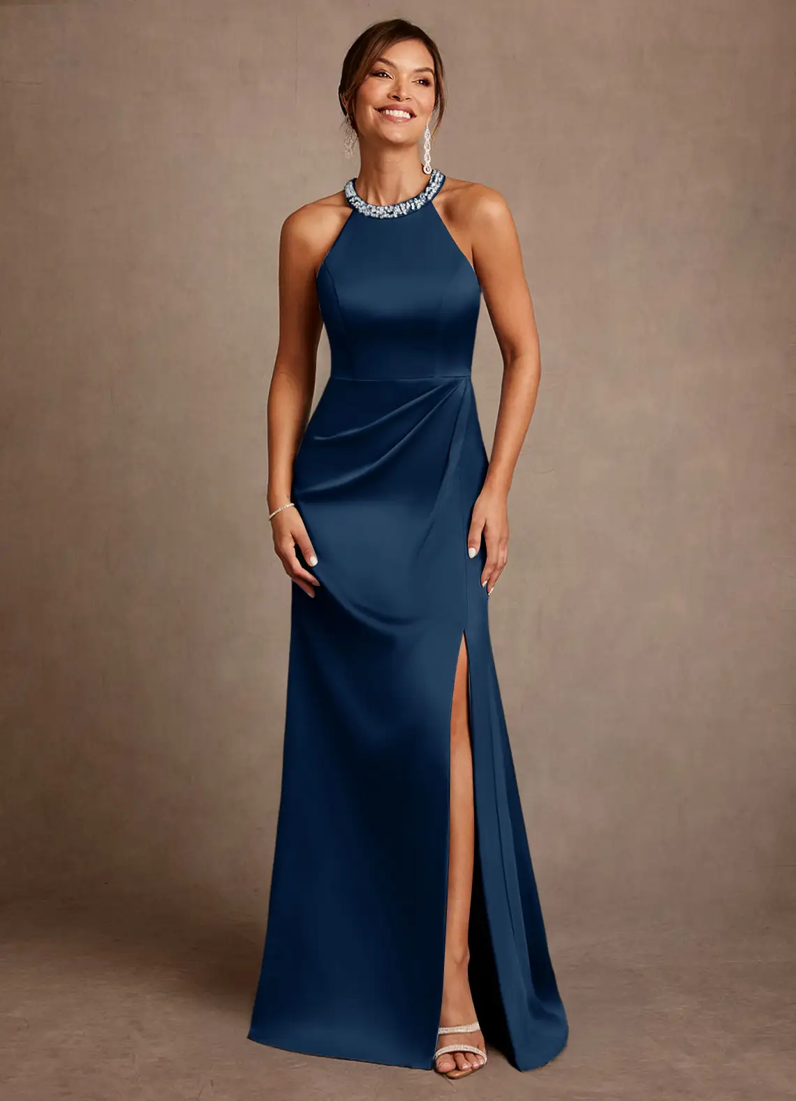 Glamorous Satin Halter Neck Beaded Neckline Sleeveless Ruched Side Slit Floor-Length Mother of the Bride Dress