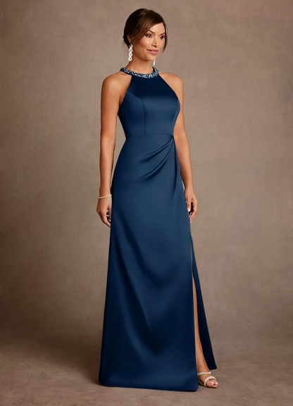 Glamorous Satin Halter Neck Beaded Neckline Sleeveless Ruched Side Slit Floor-Length Mother of the Bride Dress