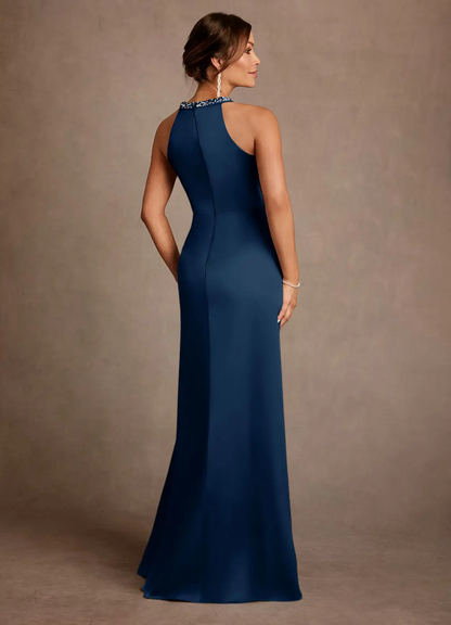 Glamorous Satin Halter Neck Beaded Neckline Sleeveless Ruched Side Slit Floor-Length Mother of the Bride Dress