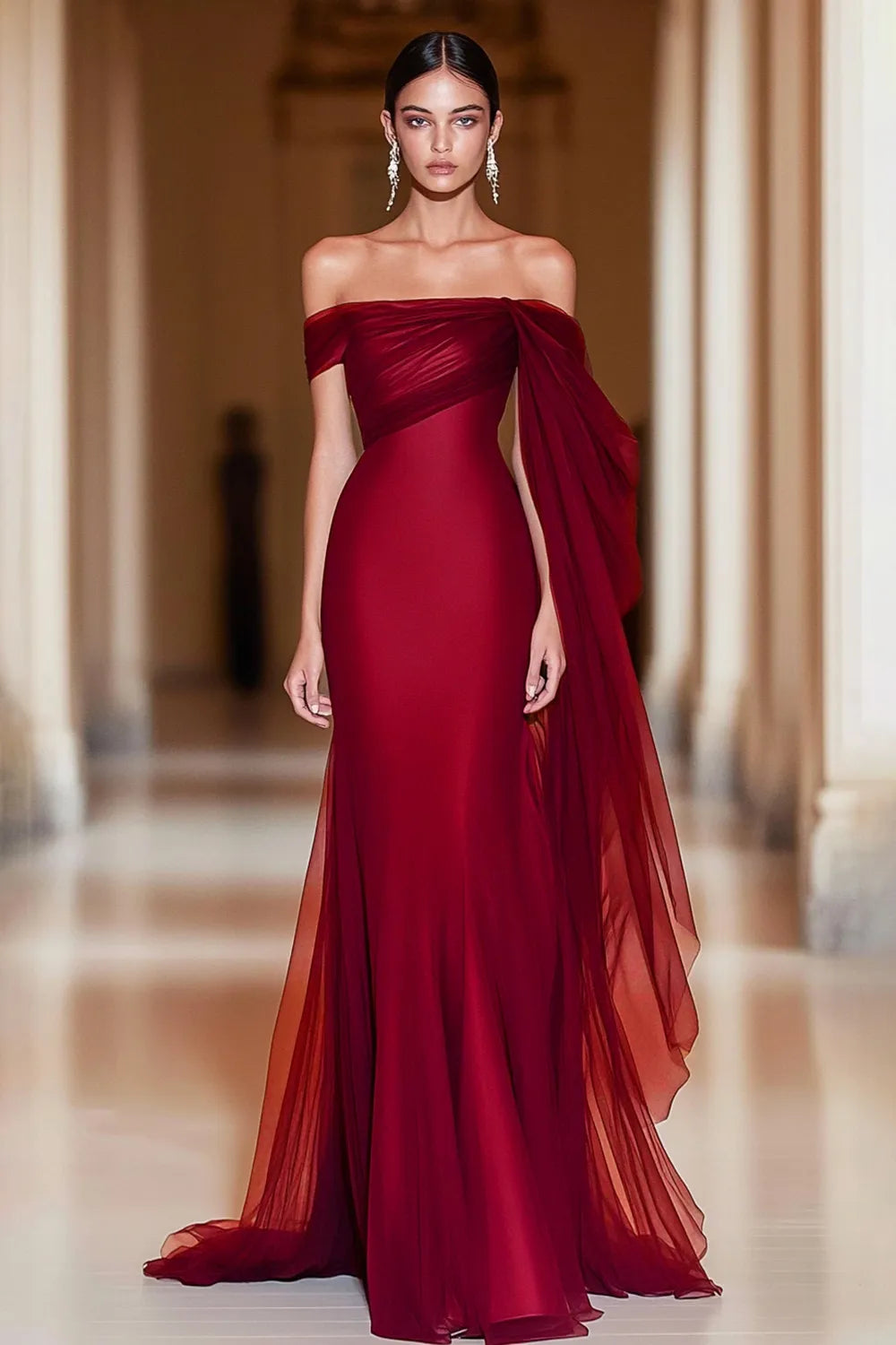 Glamorous Satin Mermaid Off-the-Shoulder Draped Sleeve Zipper Back Floor-Length Formal Evening Dresses