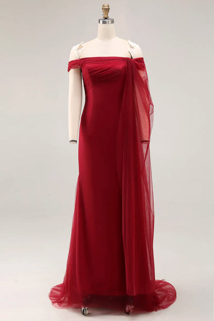 Glamorous Satin Mermaid Off-the-Shoulder Draped Sleeve Zipper Back Floor-Length Formal Evening Dresses