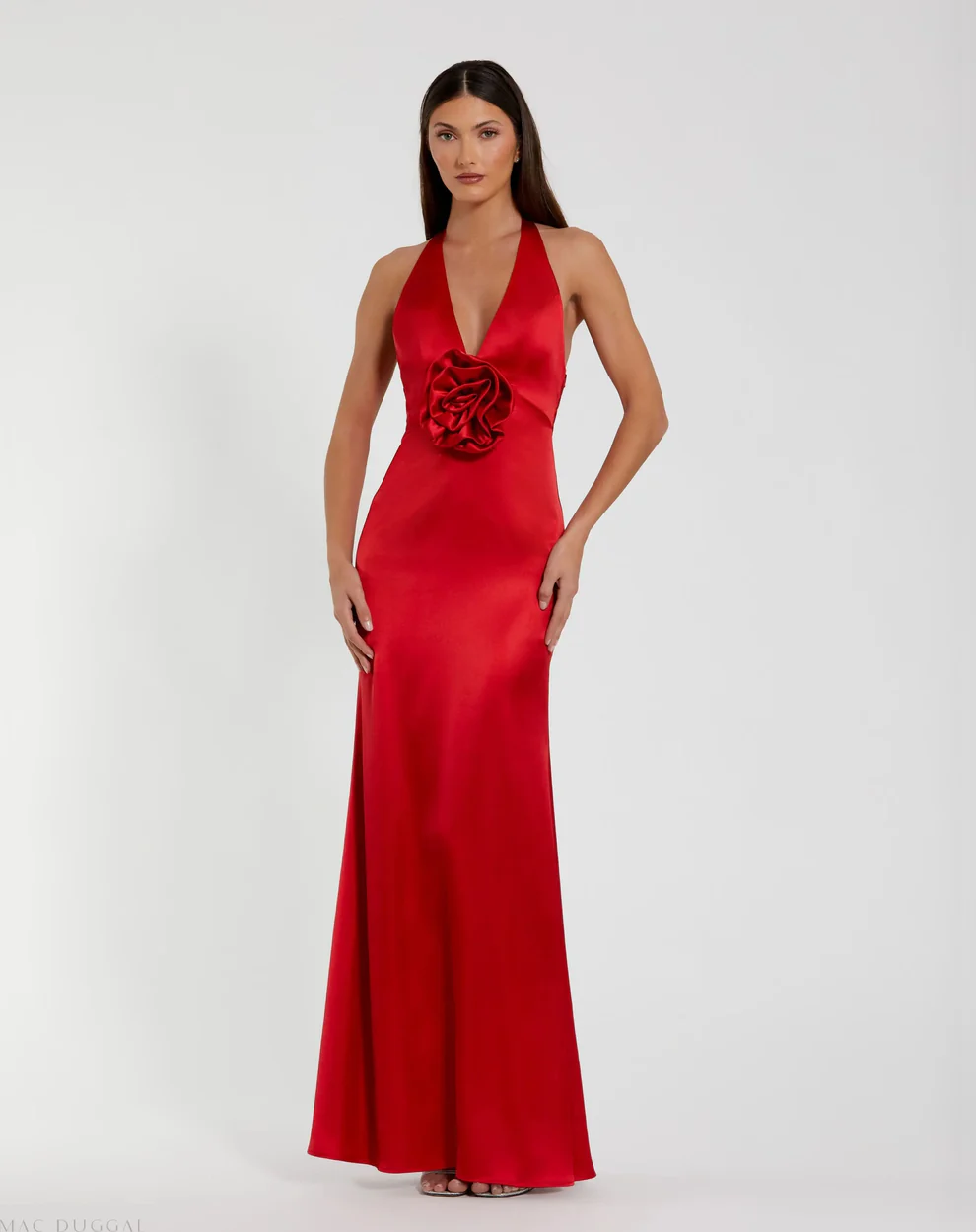 Glamorous Satin Sheath Halter Deep V-Neck Sleeveless Open Back Floral Applique Floor-Length Evening Dress for Formal Events