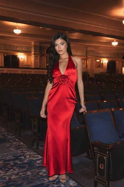 Glamorous Satin Sheath Halter Deep V-Neck Sleeveless Open Back Floral Applique Floor-Length Evening Dress for Formal Events