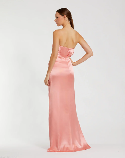 Glamorous Satin Sheath Strapless Floral Applique Sleeveless Open Back Floor-Length Evening Dress for Formal Events