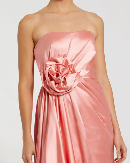 Glamorous Satin Sheath Strapless Floral Applique Sleeveless Open Back Floor-Length Evening Dress for Formal Events