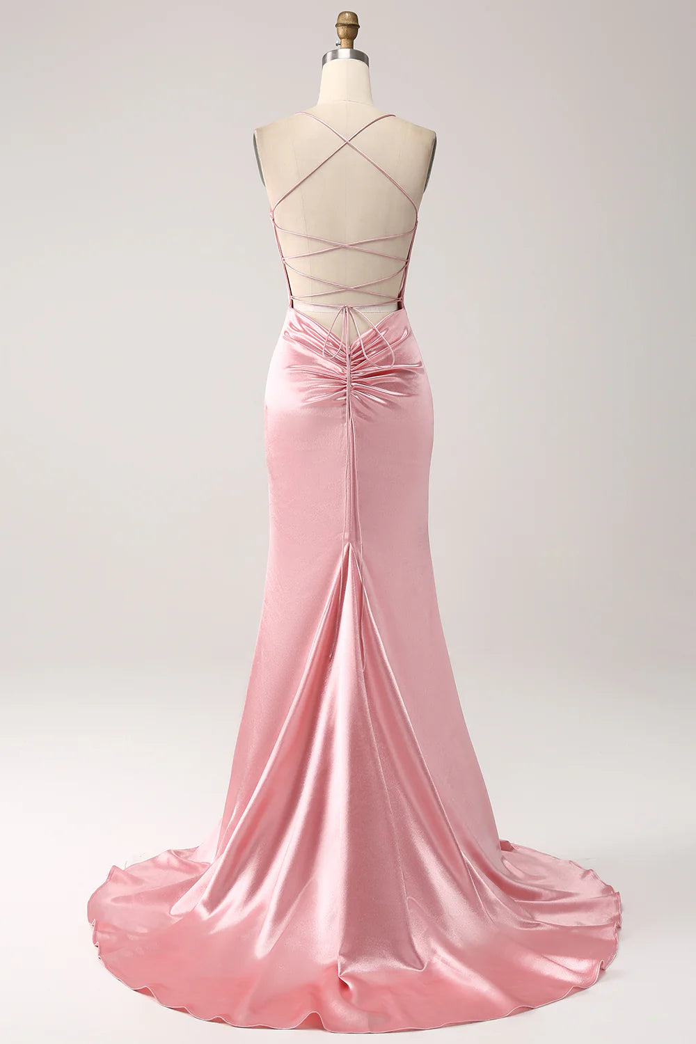 Glamorous Satin Spaghetti Strap Mermaid Prom Dresses with Crisscross Lace-Up Back and Train