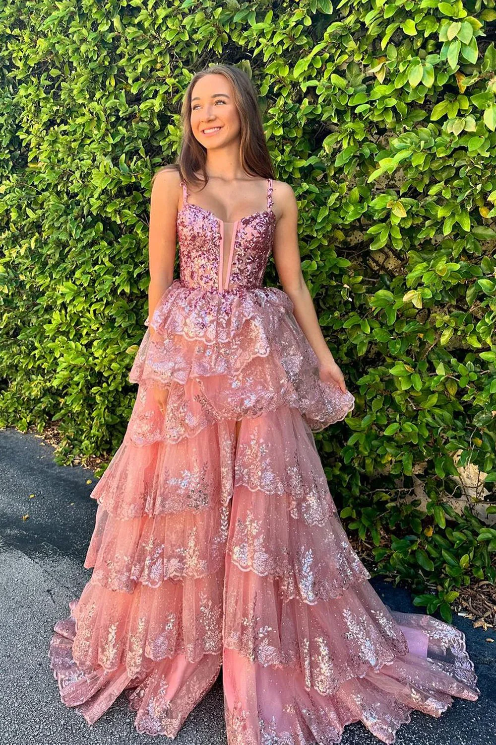 Glamorous Sequin Tulle Prom Dress with Tiered Ruffle Skirt and Lace-Up Back
