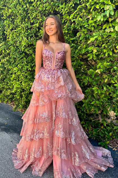 Glamorous Sequin Tulle Prom Dress with Tiered Ruffle Skirt and Lace-Up Back