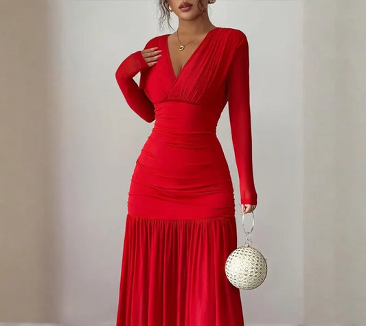 Glamorous Sheath Deep V Neck Long Sleeve Ruched Bodice Pleated Skirt Evening Dress