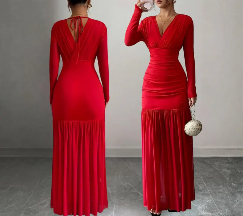 Glamorous Sheath Deep V Neck Long Sleeve Ruched Bodice Pleated Skirt Evening Dress