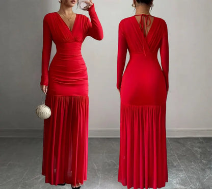 Glamorous Sheath Deep V Neck Long Sleeve Ruched Bodice Pleated Skirt Evening Dress