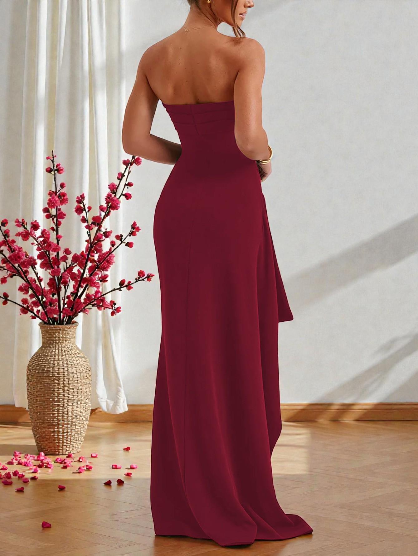 Glamorous Sheath Strapless Sleeveless Ruched Bodice High Slit Evening Dress