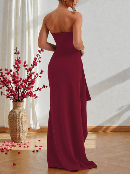 Glamorous Sheath Strapless Sleeveless Ruched Bodice High Slit Evening Dress
