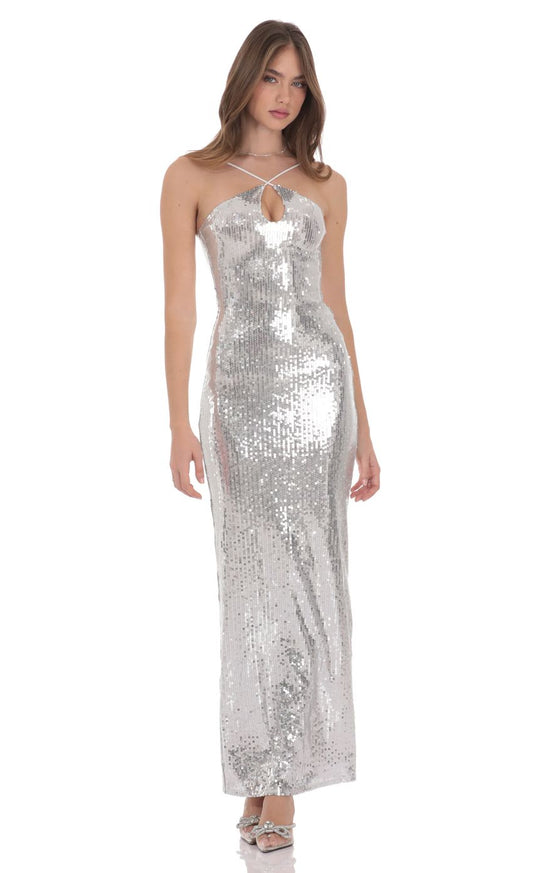 Glamorous Silver Sequin Evening Dress with Halter Neck, Keyhole Cutout & Open Back