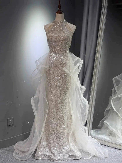 Glamorous Silver Sequin Halter Neck Mermaid Tulle Ruffle Prom Dresses