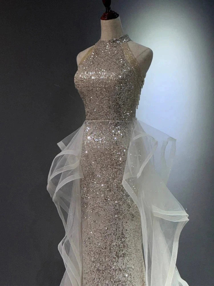 Glamorous Silver Sequin Halter Neck Mermaid Tulle Ruffle Prom Dresses