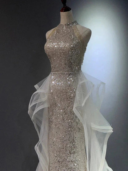 Glamorous Silver Sequin Halter Neck Mermaid Tulle Ruffle Prom Dresses