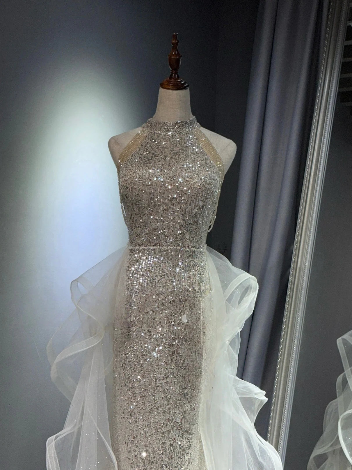 Glamorous Silver Sequin Halter Neck Mermaid Tulle Ruffle Prom Dresses