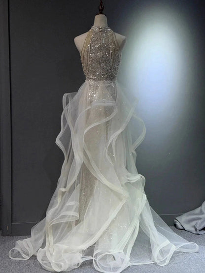 Glamorous Silver Sequin Halter Neck Mermaid Tulle Ruffle Prom Dresses