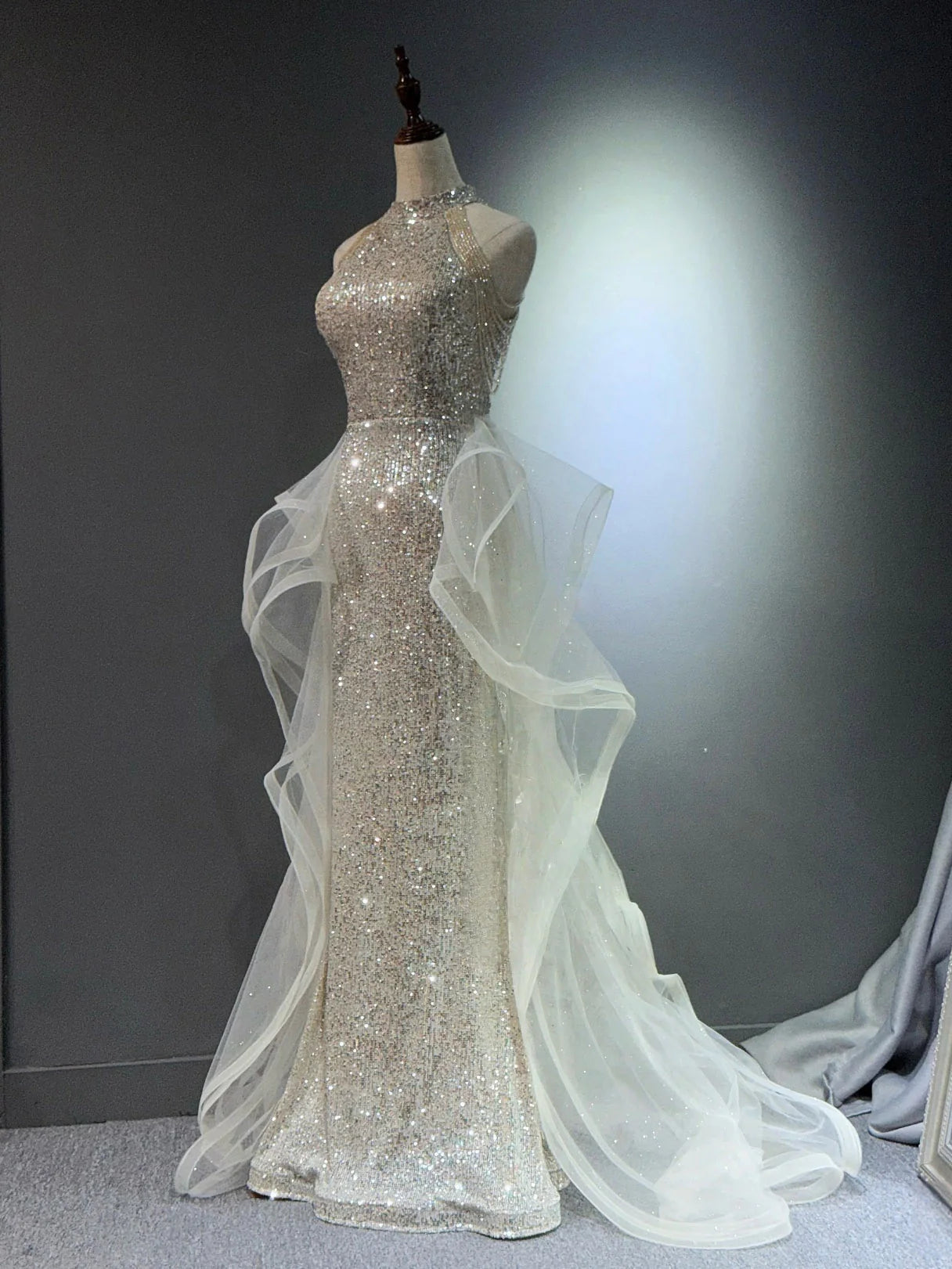 Glamorous Silver Sequin Halter Neck Mermaid Tulle Ruffle Prom Dresses