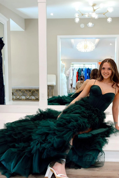 Glamorous Spaghetti Strap Sweetheart Neck Corset Bodice Tiered Tulle High Slit Train Prom Dress
