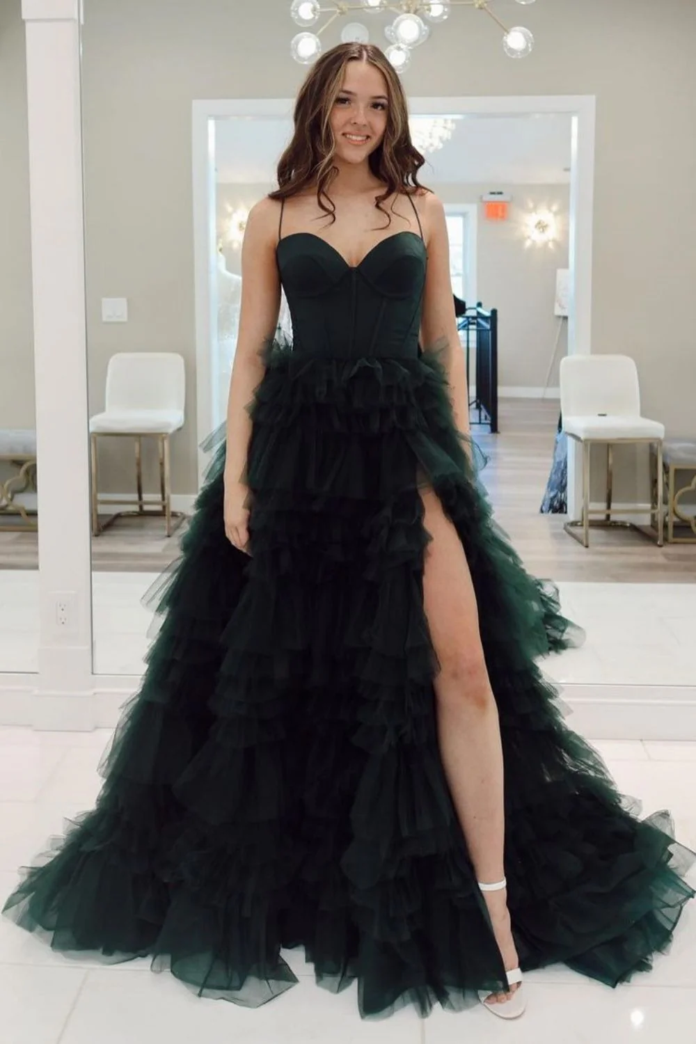 Glamorous Spaghetti Strap Sweetheart Neck Corset Bodice Tiered Tulle High Slit Train Prom Dress