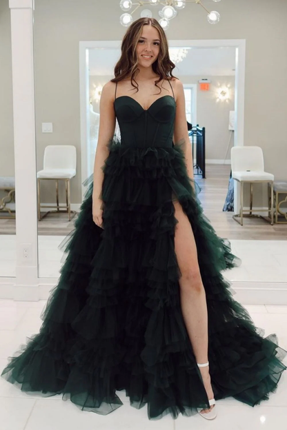 Glamorous Spaghetti Strap Sweetheart Neck Corset Bodice Tiered Tulle High Slit Train Prom Dress