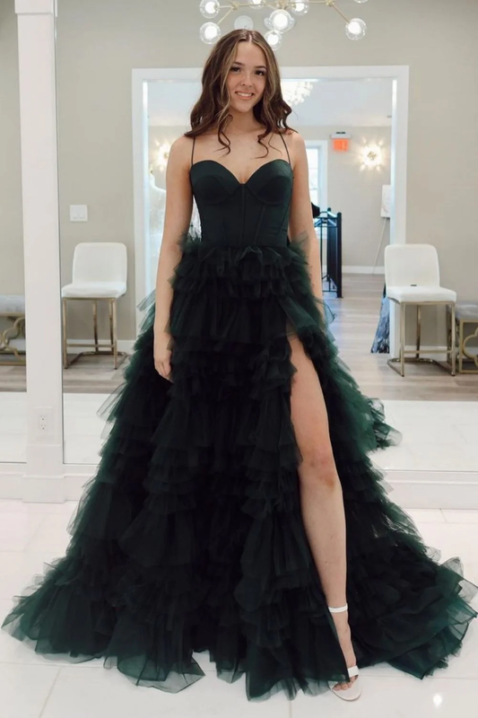 Glamorous Spaghetti Strap Sweetheart Neck Corset Bodice Tiered Tulle High Slit Train Prom Dress