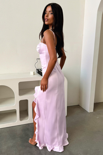 Glamorous Spaghetti Strap Sweetheart Ruched Ruffle Slit Satin Maxi Evening Dress