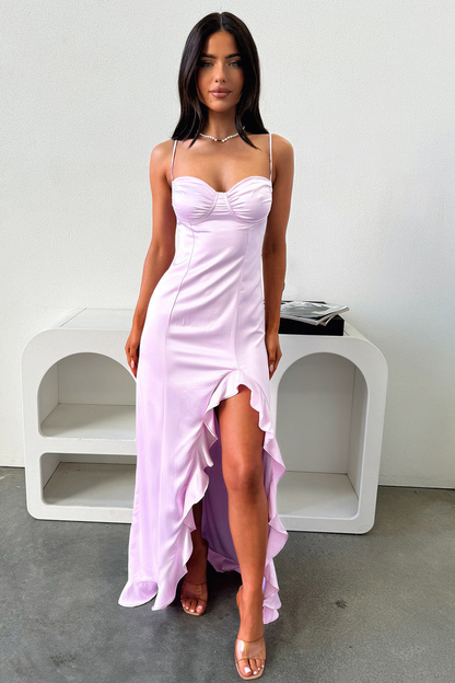 Glamorous Spaghetti Strap Sweetheart Ruched Ruffle Slit Satin Maxi Evening Dress