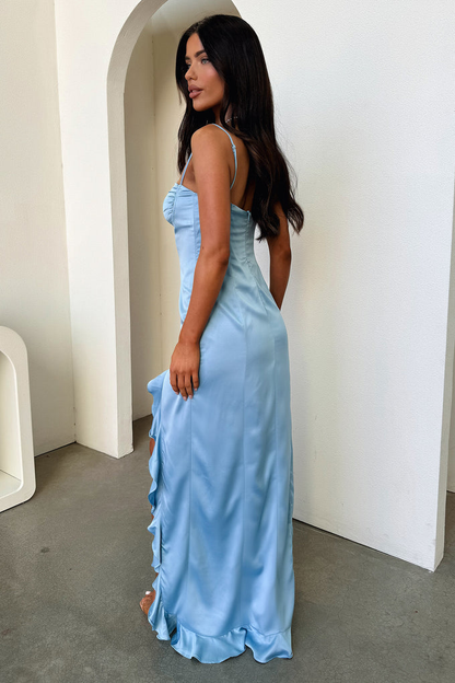 Glamorous Spaghetti Strap Sweetheart Ruched Ruffle Slit Satin Maxi Evening Dress