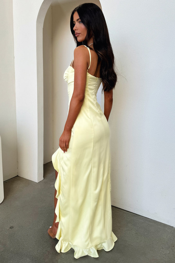 Glamorous Spaghetti Strap Sweetheart Ruched Ruffle Slit Satin Maxi Evening Dress