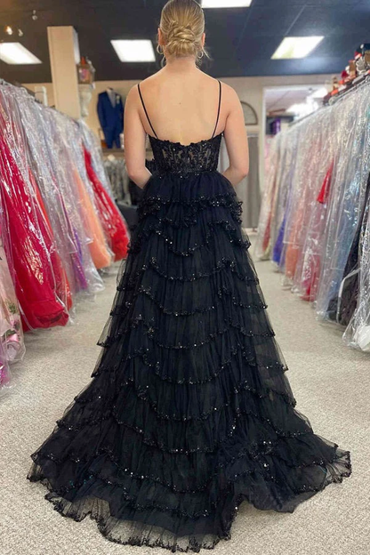 Glamorous Spaghetti Strap Tiered Tulle Prom Dress with Sequin Lace and High Slit