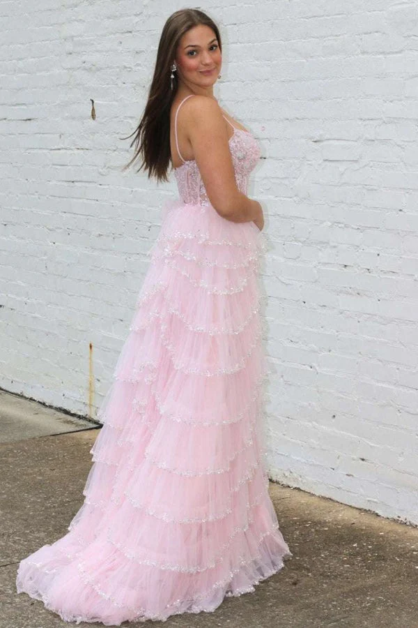 Glamorous Spaghetti Strap Tiered Tulle Prom Dress with Sequin Lace and High Slit