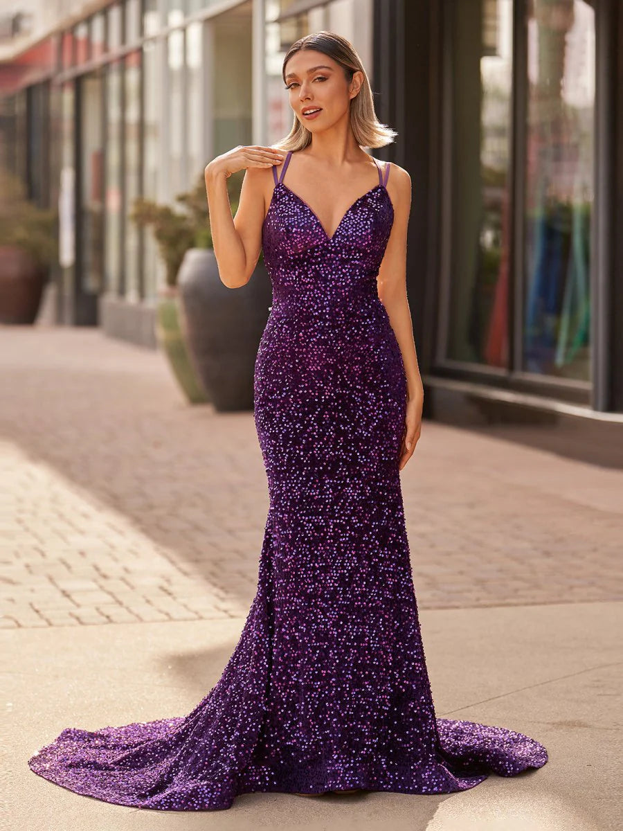 Glamorous Sparkly Sequin Mermaid Silhouette Deep V-Neck Double Spaghetti Straps Crisscross Open Back Floor-Length with Train Formal Evening Prom Dress