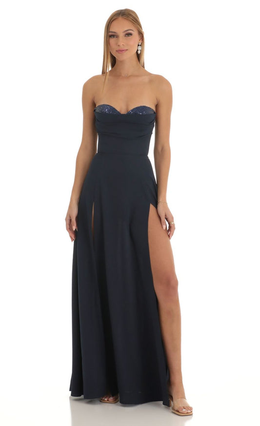 Glamorous Strapless Navy Blue Chiffon Evening Dress with Sequin Accent & Lace-Up Back Double Slit