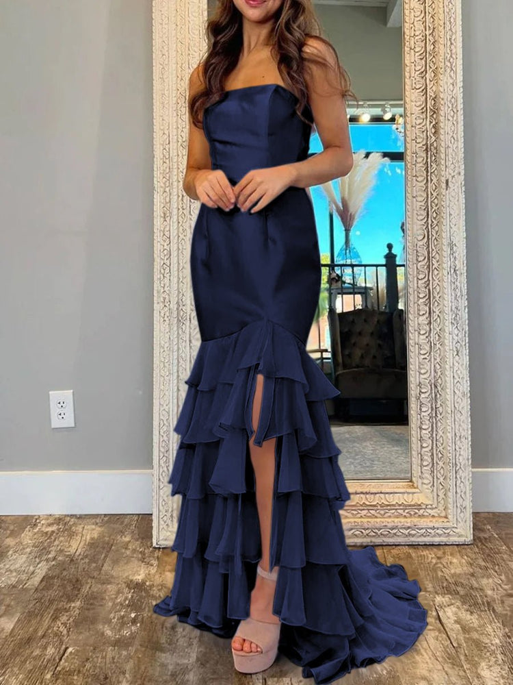 Glamorous Strapless Satin Mermaid Evening Dress with Ruffled Chiffon Skirt High Slit & Lace-Up Back