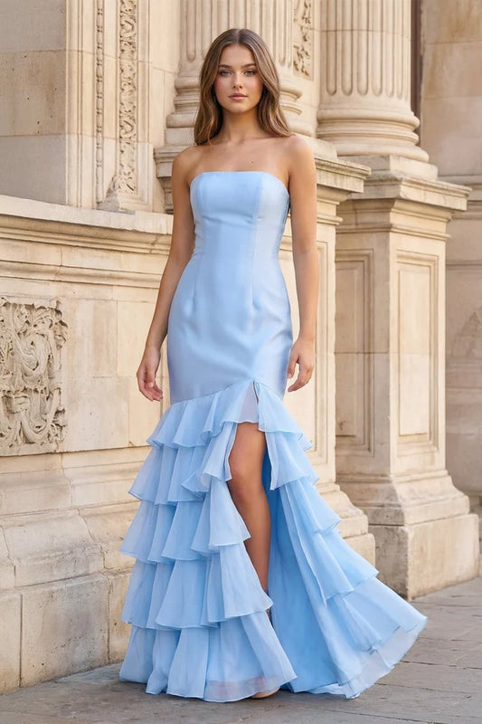 Glamorous Strapless Satin Mermaid Evening Dress with Ruffled Chiffon Skirt High Slit & Lace-Up Back