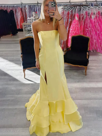 Glamorous Strapless Satin Mermaid Evening Dress with Ruffled Chiffon Skirt High Slit & Lace-Up Back