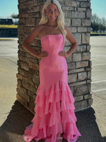 Glamorous Strapless Satin Mermaid Evening Dress with Ruffled Chiffon Skirt High Slit & Lace-Up Back